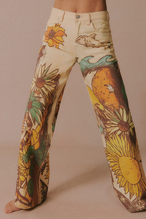 We The Free Denim Playful Doodle Printed Mid Rise Pocket Wide Leg Jeans