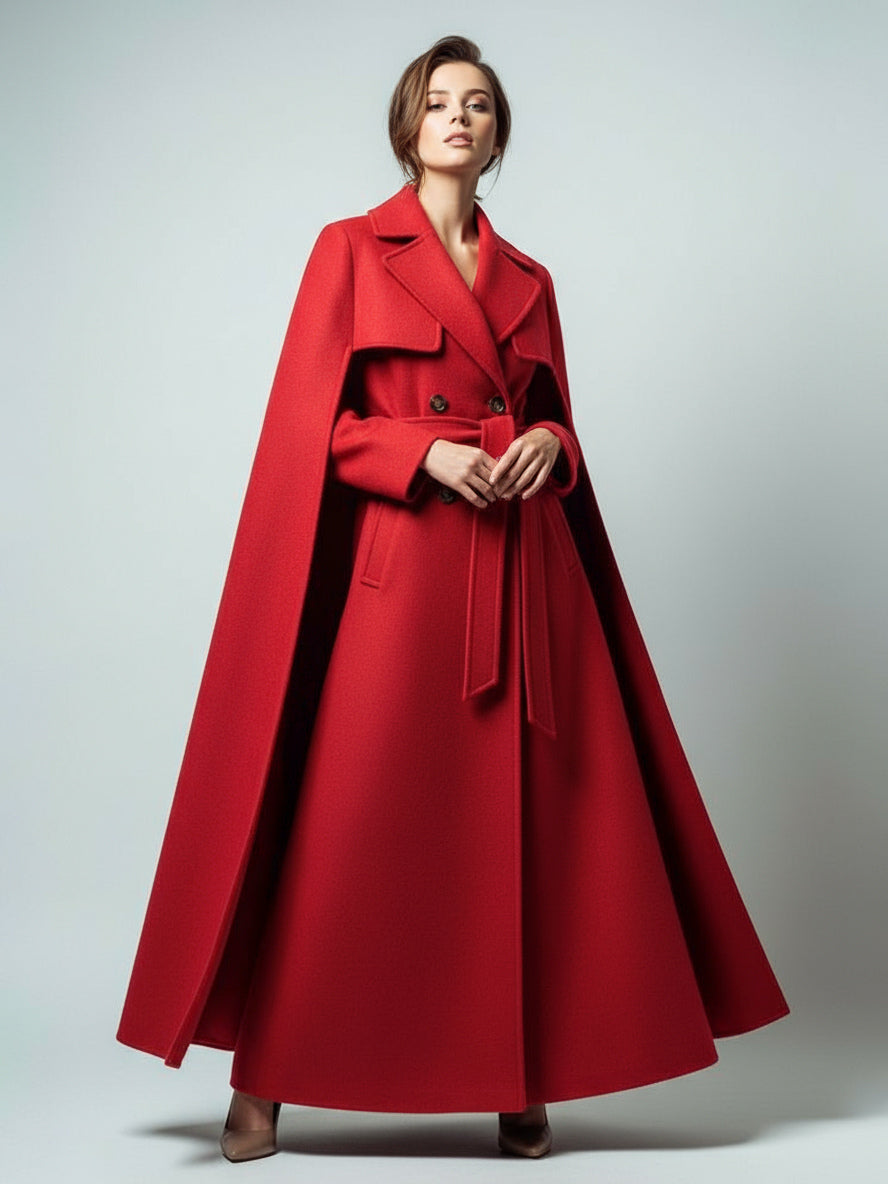 Maxi Double-breasted Woolen Coat With Detachable Cape And Belt For Women 2026