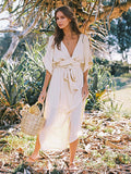 Deep V Neck Maxi Dress for Women - Boho Kimono Half Sleeve Belted Side Slit Kaftan Dress - Summer Beach Vacation 2026