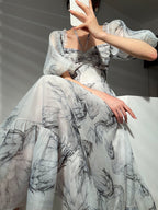 Botanical Sketch Print Puff Sleeve Lace-Up Square Neck Tiered Maxi Dress