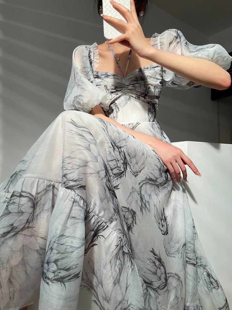 Botanical Sketch Print Puff Sleeve Lace-Up Square Neck Tiered Maxi Dress