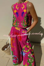 Island Dreaming Linen Blend Unique Print Tank and Elastic Waist Pocketed Pants Set