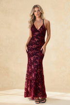 Sequin Floral Embroidery Sheer Mesh Deep V-Neck Mermaid Maxi Gown