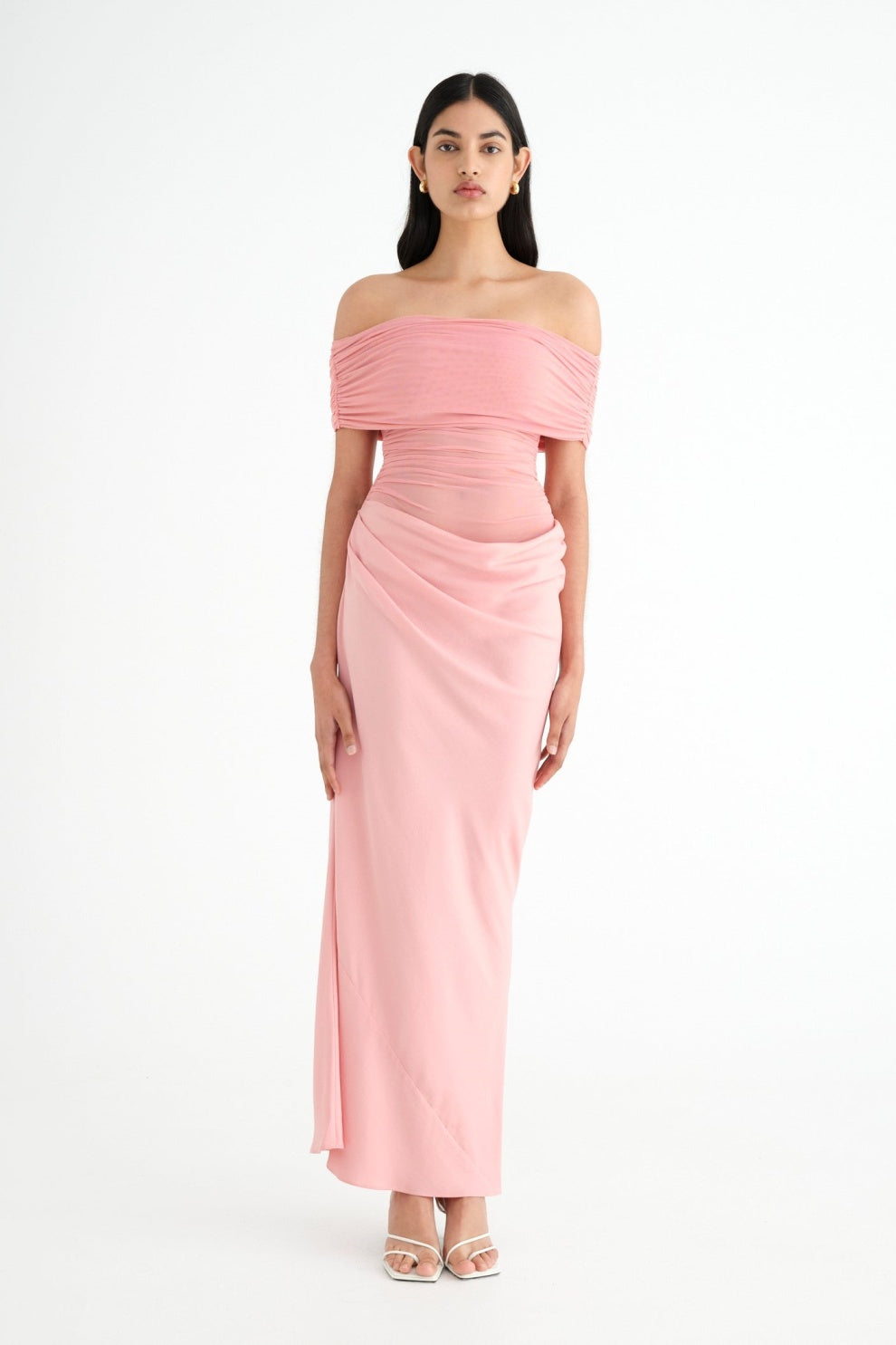 Off Shoulder Ruched Mesh Waist Panel Draped Overlay Maxi Gown