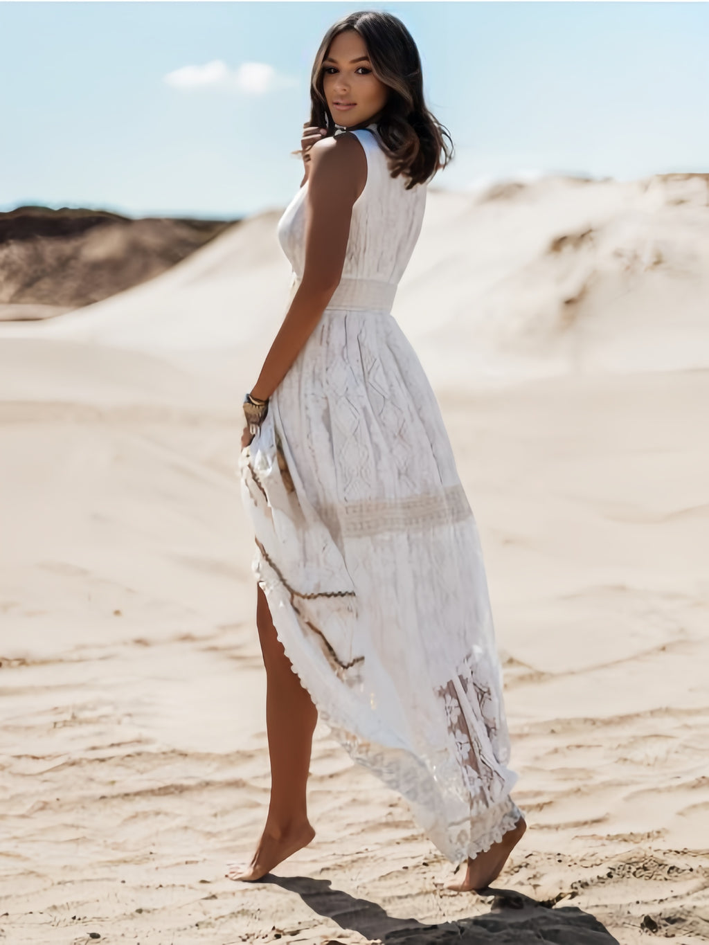 Lace Boho Maxi Dress For Women - Chic V Neck Sleeveless Hollow Out Sundress - Summer Beach Vacation 2026