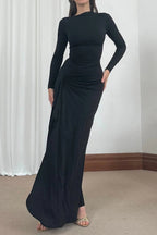Long Sleeve Crew Neck Side Ruched Cascading Drape Panel Maxi Dress