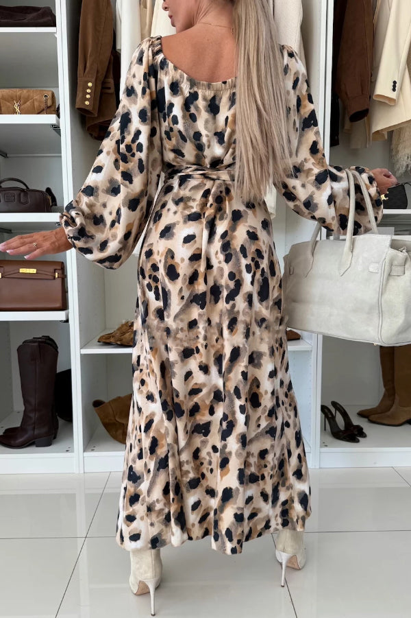Unique Printed V-neck Long-sleeved Waist Tie Slit Maxi Dress