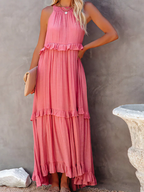 High Neck Smocked Halter Sleeveless Tiered Ruffle Maxi Dress