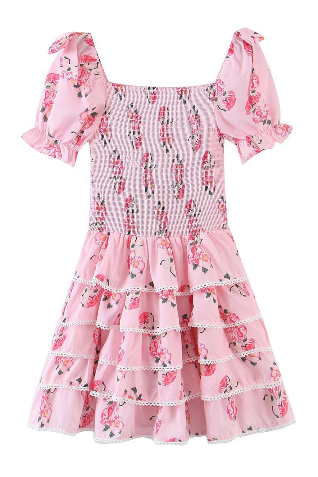 Floral Print Smocked Square Neck Tie-Shoulder Tiered Ruffle Mini Dress