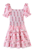 Floral Print Smocked Square Neck Tie-Shoulder Tiered Ruffle Mini Dress