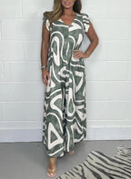 V-neck printed wide leg jumpsuit