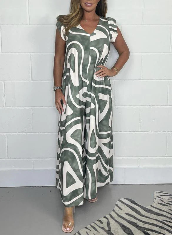 V-neck printed wide leg jumpsuit