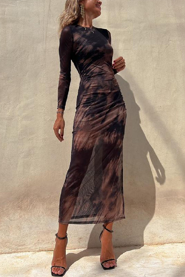 Abstract Tie Dye Print Ruched Side Slit Long Sleeve Midi Dress