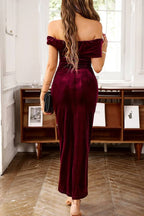 Marcella Exclusive Off Shoulder Red Dahlia Velvet Party Dress Boutique Collection