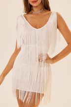 Sleeveless Tassel Trim Fringe Hem Mini Dress