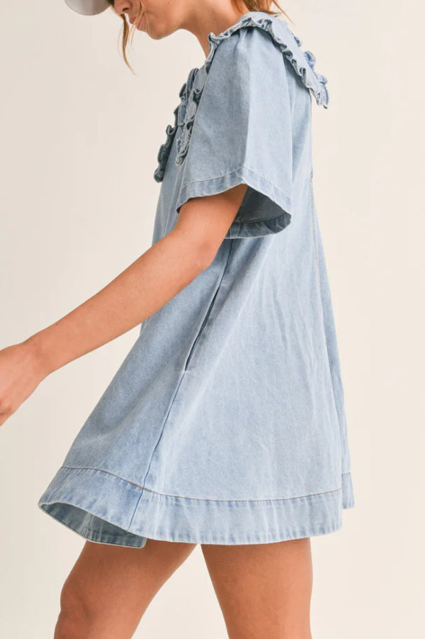 Solid Color Loose Short-sleeved Casual Ruffled Denim Mini Dress