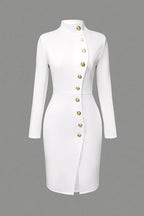 Solid Color Stand Collar Metal Button Slim Midi Dress