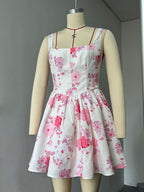 Pink Floral Print Sleeveless Mini Dress With Square Collar For Birthday Party 2026