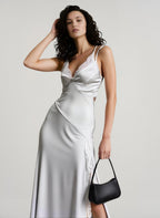 Satin Lace Trim Deep V-Neck Spaghetti Strap Lace Panel High Split Maxi Dress