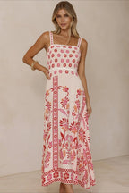 Square Neck Lace Trim Empire Waist Geometric Floral Border Maxi Dress