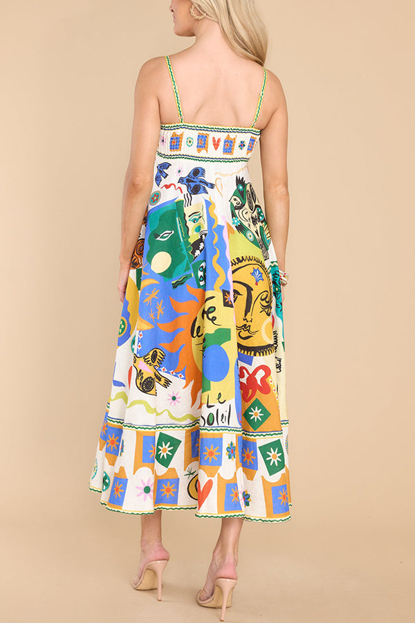 Graphic Print Square Neck Spaghetti Strap Pocket A-Line Maxi Dress