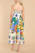 Graphic Print Square Neck Spaghetti Strap Pocket A-Line Maxi Dress