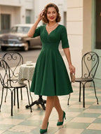 Vintage 1950s Swing Cocktail Dress for Women - V Neck Short Sleeve A-Line Ruched Bust Rockabilly Midi Gown - Wedding Guest 2026