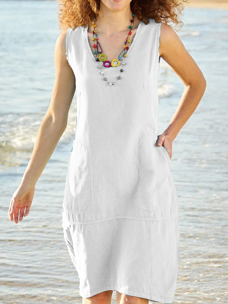 U-neck Cuffless Pocket Mini Dress