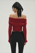 3D Floral Off-Shoulder Fitted Knitted Long Sleeve Tee