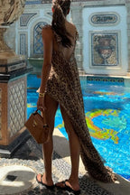 Immerse Vacation Leopard Tie-up Slit Midi Top and Elastic Waist Shorts Set