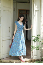 Floral Print Ruffle Trim V-Neck Cap Sleeve Fit and Flare Maxi Summer Dress