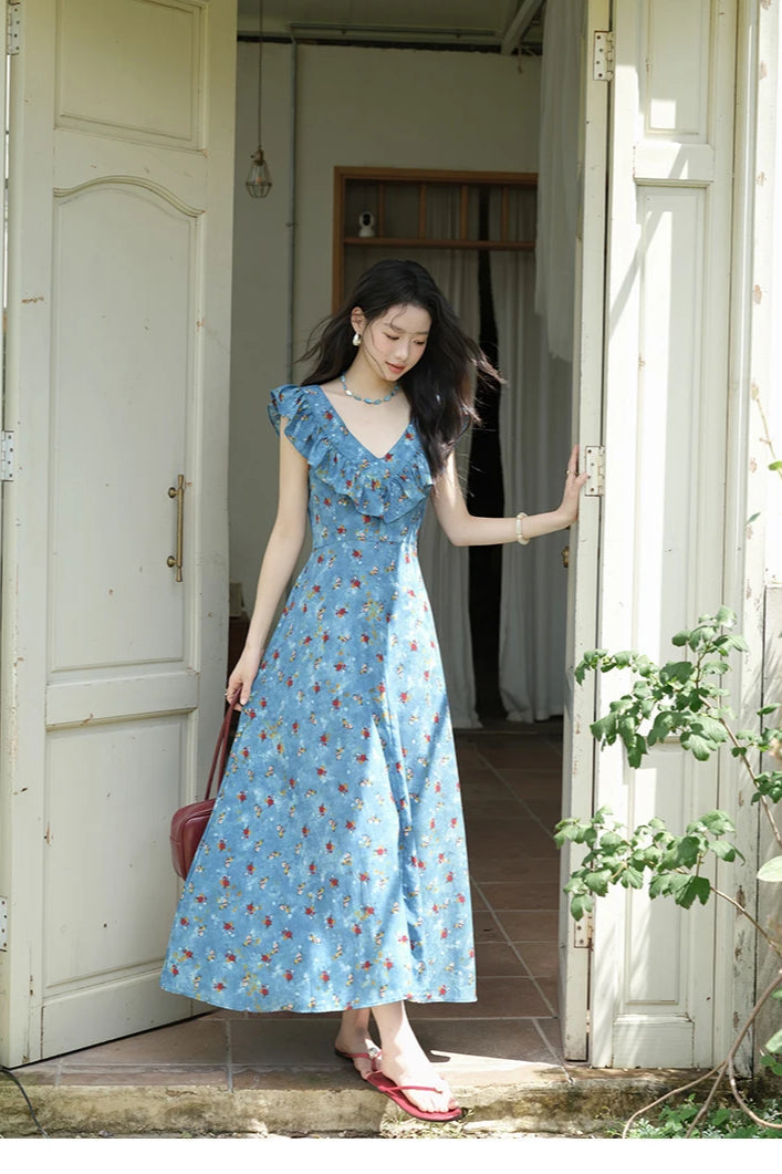 Floral Print Ruffle Trim V-Neck Cap Sleeve Fit and Flare Maxi Summer Dress