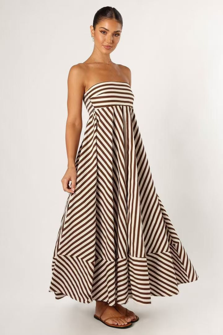Brown Strapless Horizontal Diagonal Stripe Mitered A Line Maxi Dress