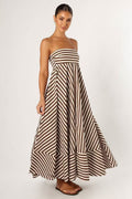 Brown Strapless Horizontal Diagonal Stripe Mitered A Line Maxi Dress