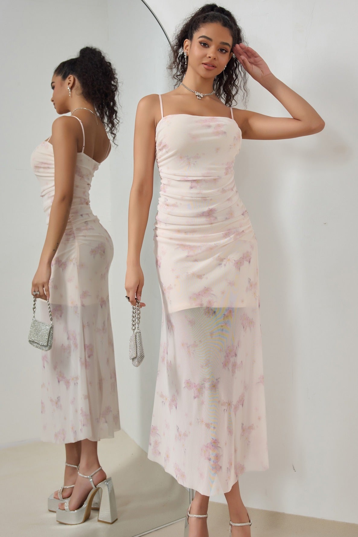 Pink Spaghetti Strap Square Neck Ruched Mesh Sheer Overlay Watercolor Floral Midi Dress