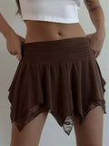 Solid Pleated Lace Lined Irregular Hem Mini Skirt