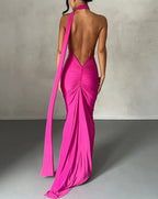 Halter Neck Open Back Draped Sash Ruched Ring Detail Maxi Dress