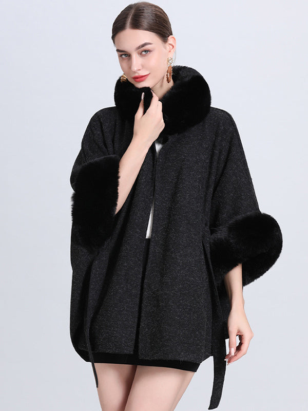Women Poncho High Collar Light Gray Oversized Faux Fur Cape