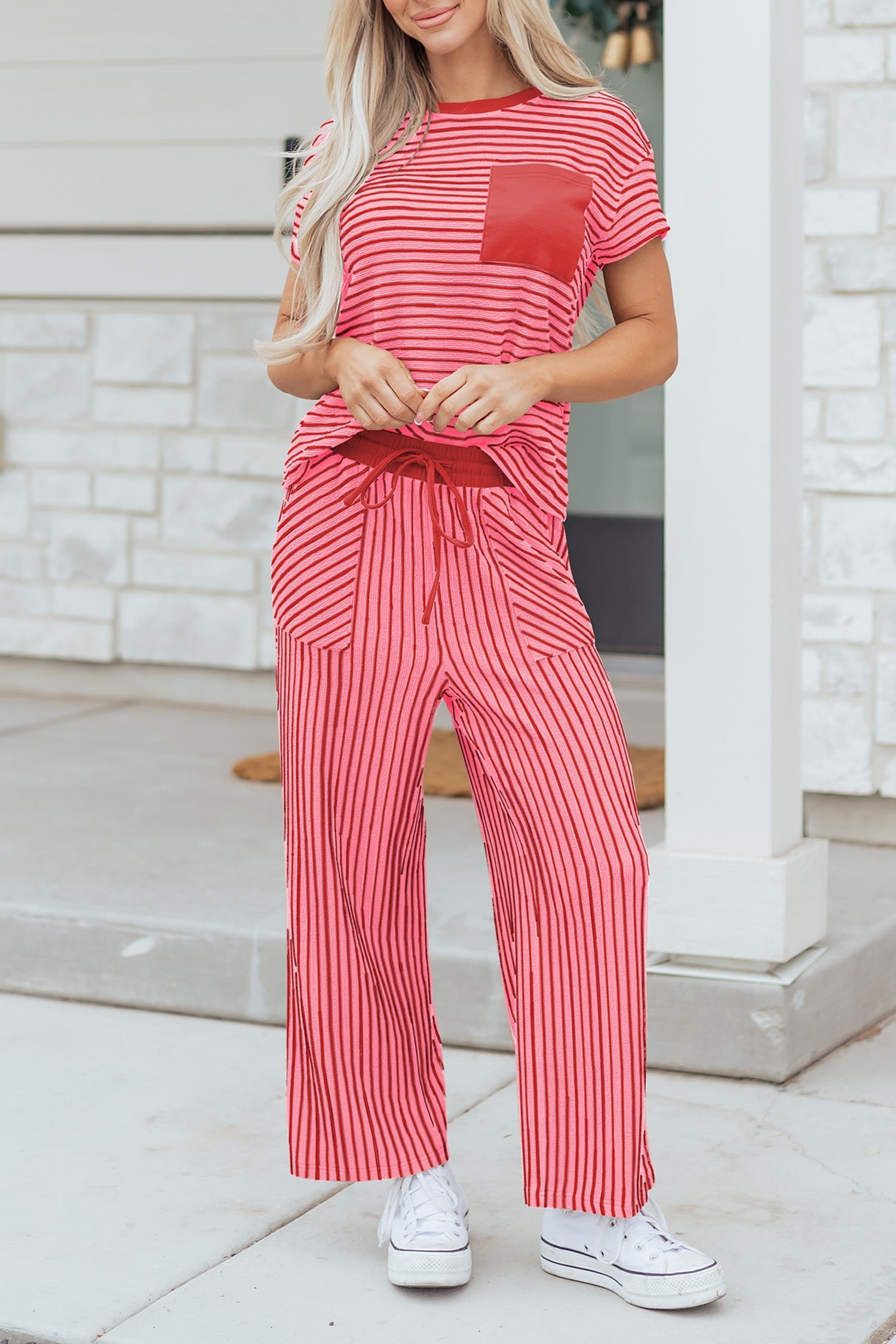 Sky Blue Stripe Crew Neck Tee Drawstring Waist Cropped Pants Set
