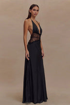 Satin Halter Deep V-Neck Lace Waist Panel Maxi Gown
