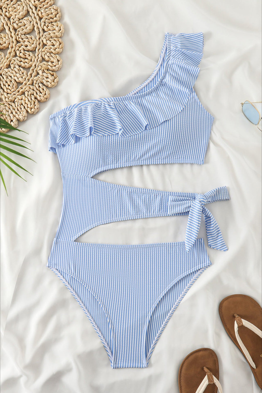 Elegant Ruffle Striped Cutout One Piece Swimwear