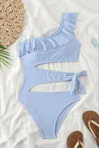 Elegant Ruffle Striped Cutout One Piece Swimwear