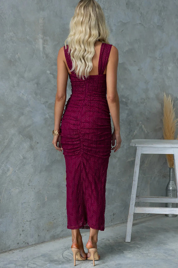 Mesh Panel Twist Front Sweetheart Cut Out Ruched Maxi Dress
