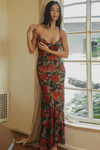 Red Spaghetti Strap Cowl Neck Floral Print Bodycon Maxi Dress