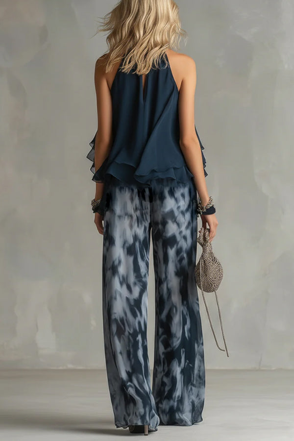 Navy Blue Camisole and Printed Wide-leg Chiffon Suit
