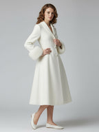 Vintage A-line Woolen Flared Midi Coat With Detachable faux fur cuffs In White 2026