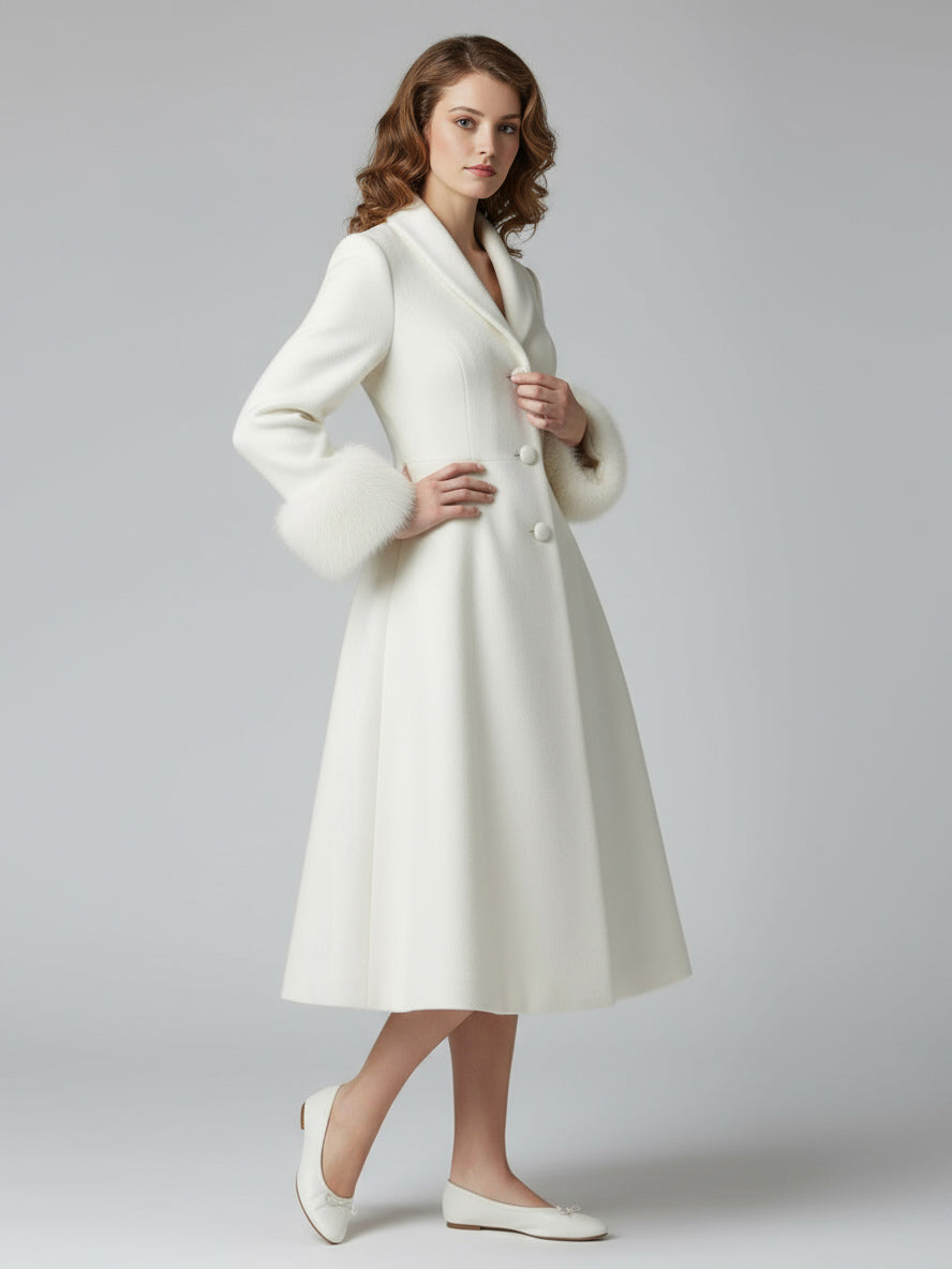 Vintage A-line Woolen Flared Midi Coat With Detachable faux fur cuffs In White 2026