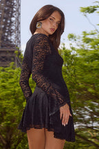Lace Deep V-Neck Bow Detail Bell Sleeve Asymmetrical Ruffle Hem Mini Dress