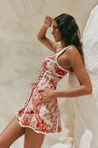 Red Square Neck Lace Trim Corset Lace Up Side Floral Print Mini Dress