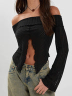 Solid Color Off Shoulder Front Slit Long Sleeve Knit